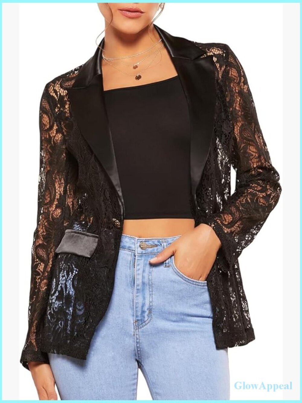 Women's Floral Lace Sheer Mesh Blazer - Single Button Notch Collar Jacket